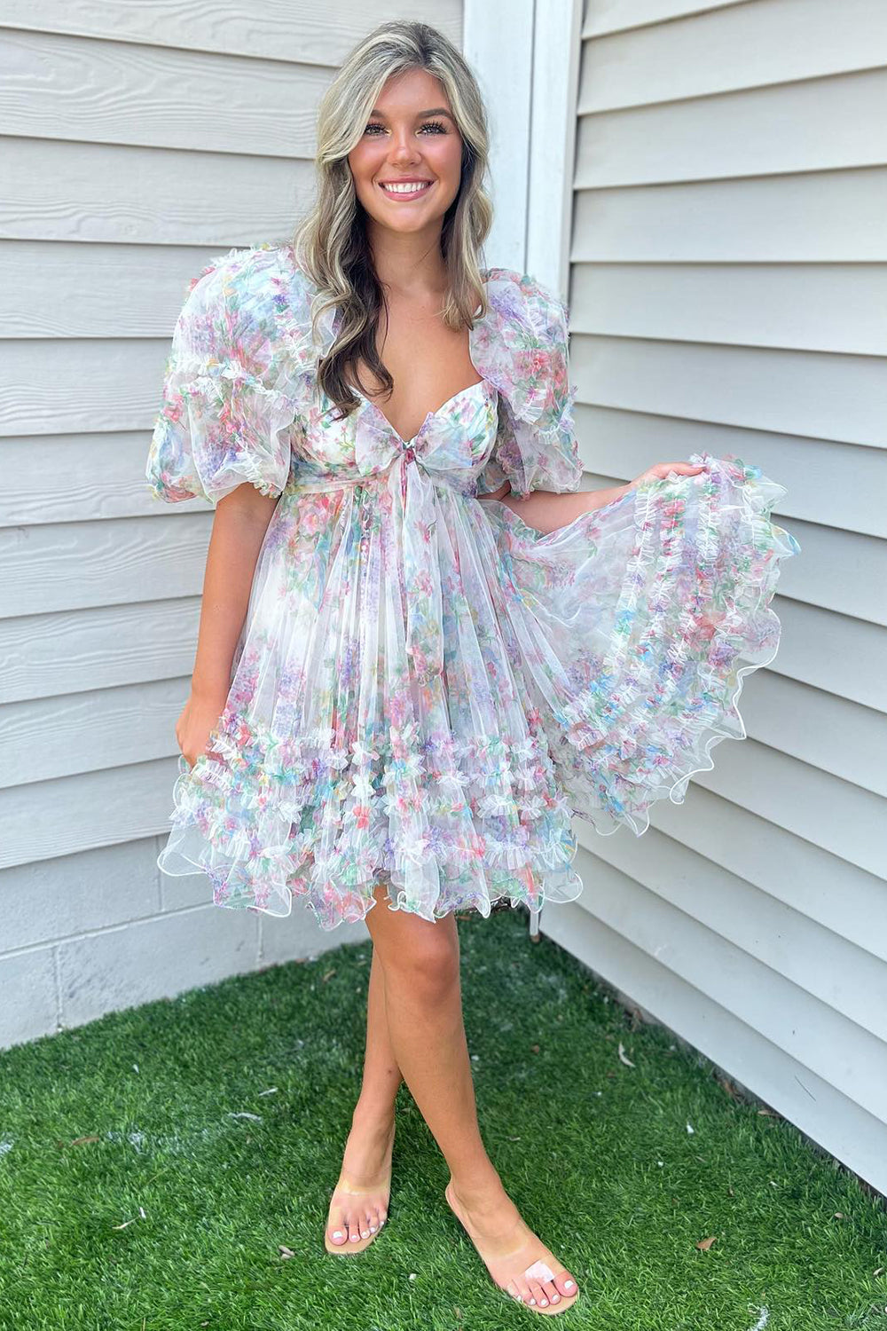 Dark Blue Homecoming Dress Puff Sleeves A-Line Floral Short Cocktail Dresses with Ruffles