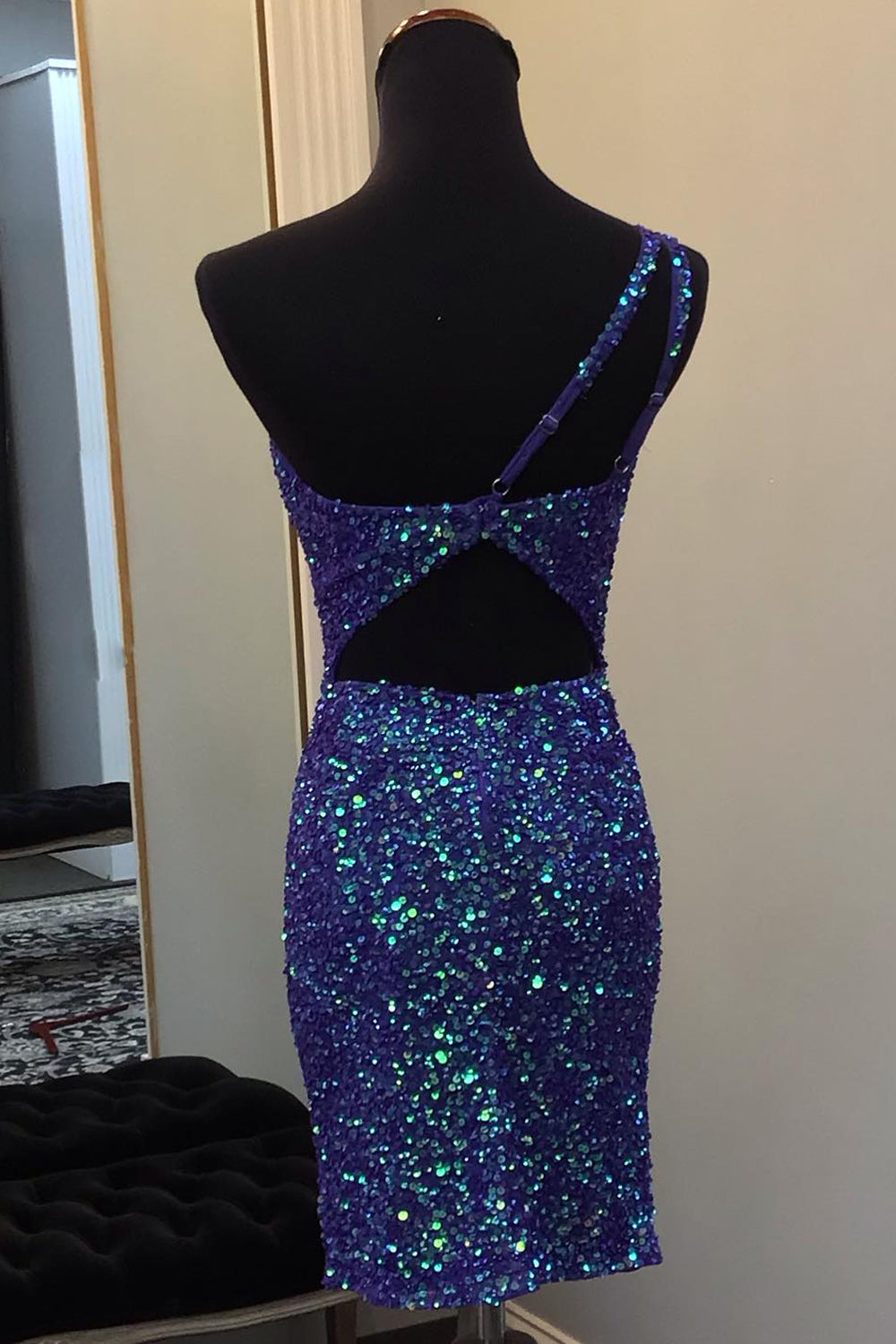 Dark Blue Homecoming Dress Sequin Open Back Tight Short Prom Dress