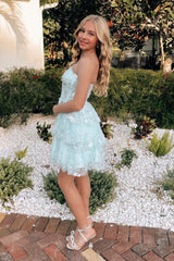 Dark Blue Homecoming Dress Tiered Lace One Shoulder Short Prom Dress