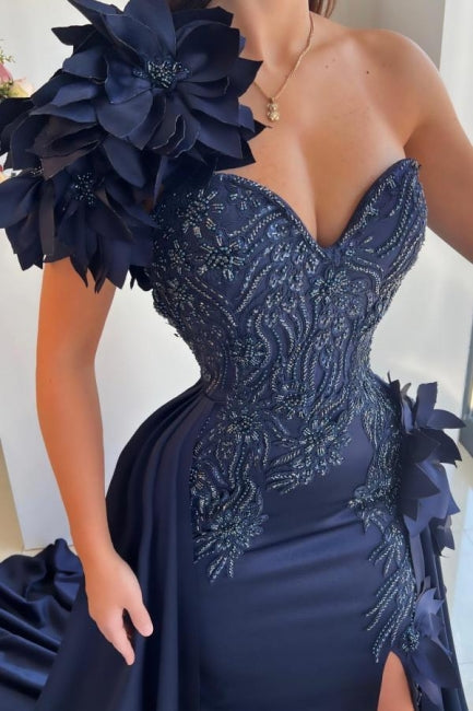 Dark Blue Prom Dress Sweetheart One Shoulder Sleeveless Panel Train Satin Slit Formal Dress With Handmake Flowers