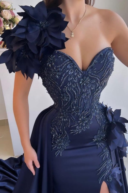 Dark Blue Prom Dress Sweetheart One Shoulder Sleeveless Panel Train Satin Slit Formal Dress With Handmake Flowers
