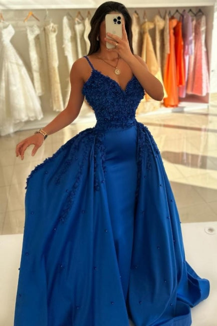 Dark Blue Prom Dress V Neck Spaghetti Strap A Line Sleeveless Panel Train Satin Formal Dress With Handmake Flowers