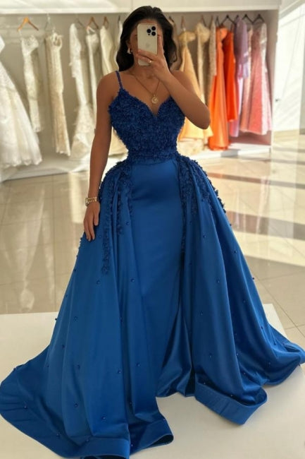 Dark Blue Prom Dress V Neck Spaghetti Strap A Line Sleeveless Panel Train Satin Formal Dress With Handmake Flowers