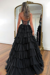 Dreamyannie Black Prom Dress A Line Strapless Corset Long Chiffon Formal Dress With Slit