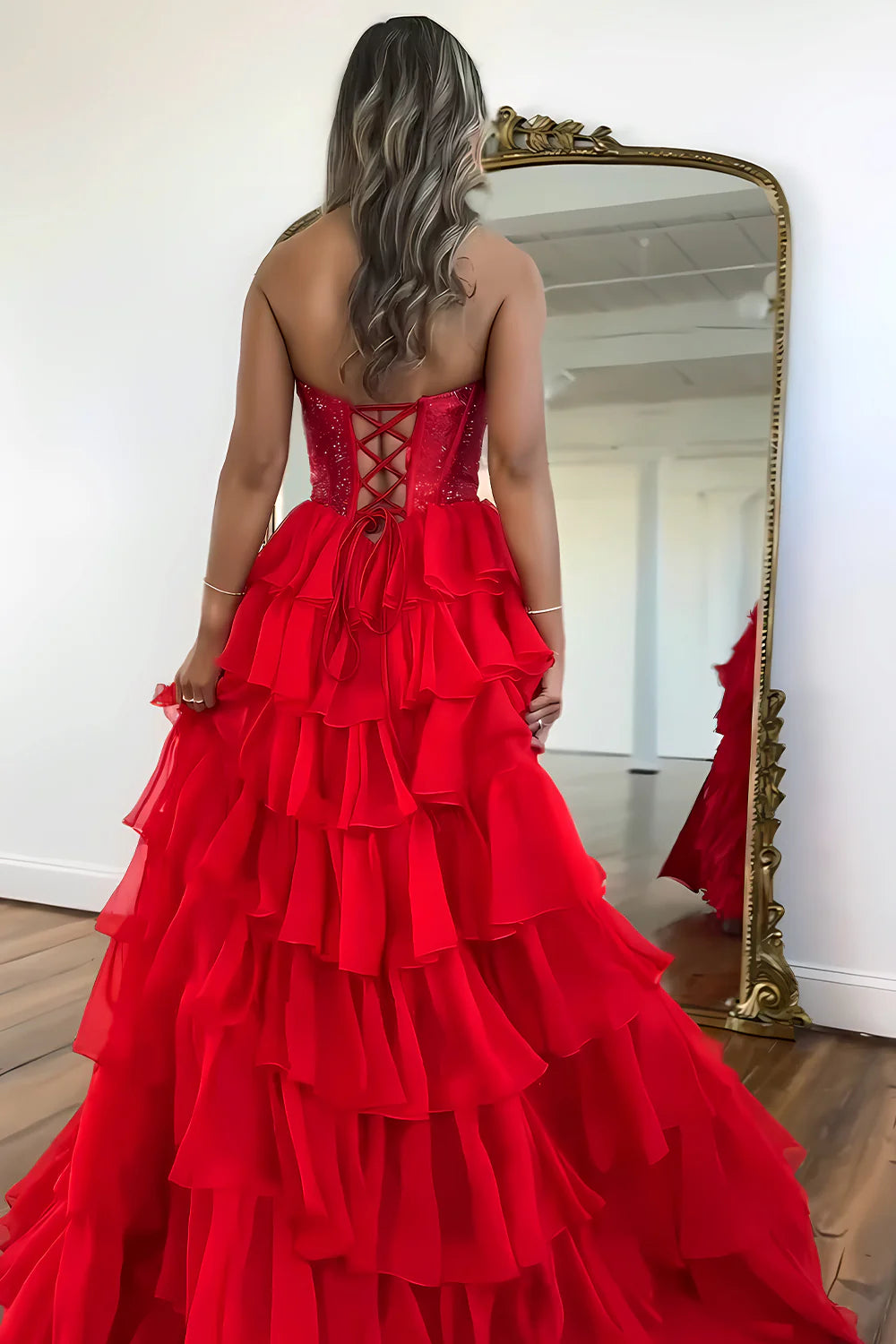 Dark Blue Strapless A Line Prom Dress With Layered Chiffon And Side Slit Formal Evening Gown