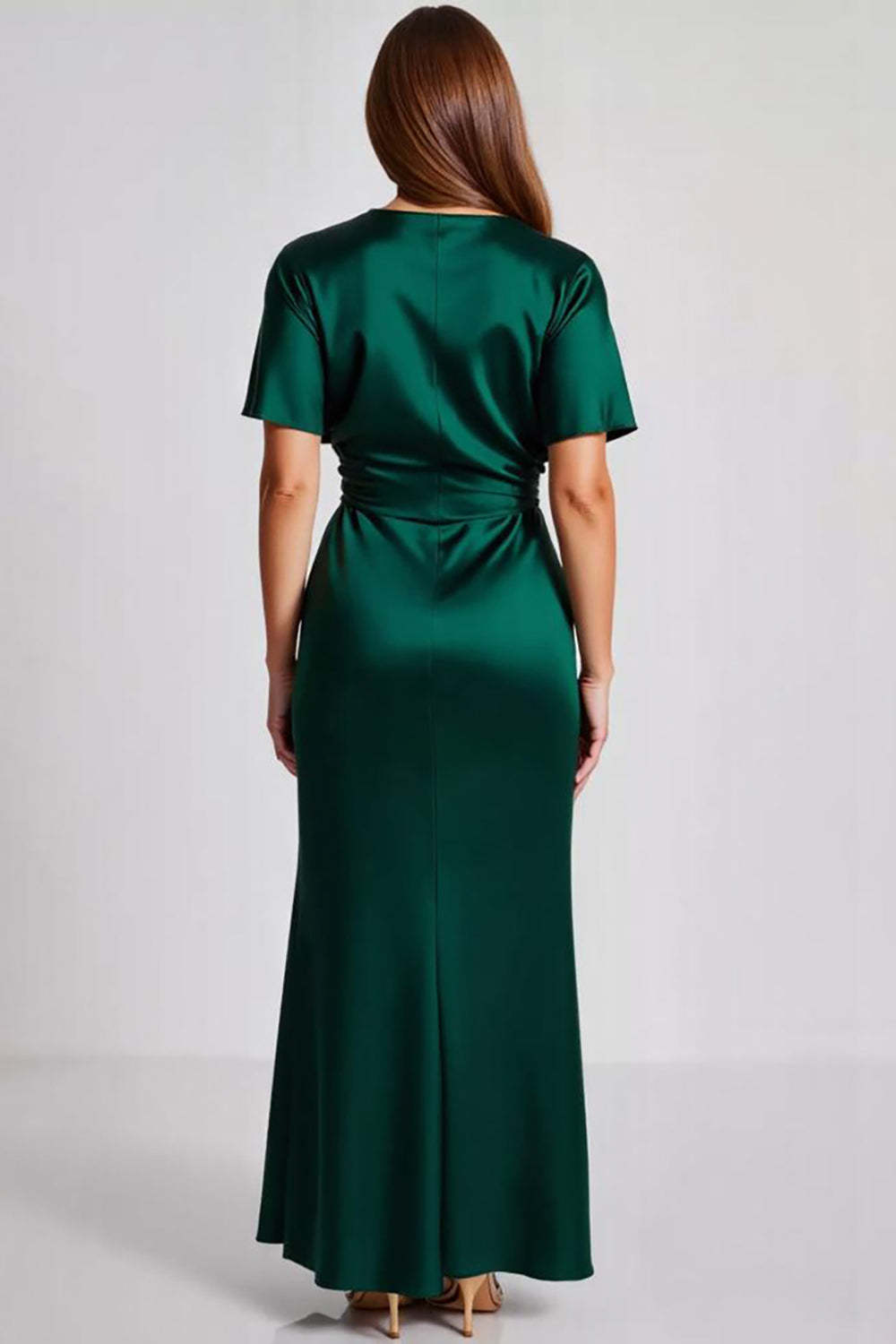 Dark Green Formal Dress Satin Short Sleeves V Neck Sheath Long Wedding Guest Dress