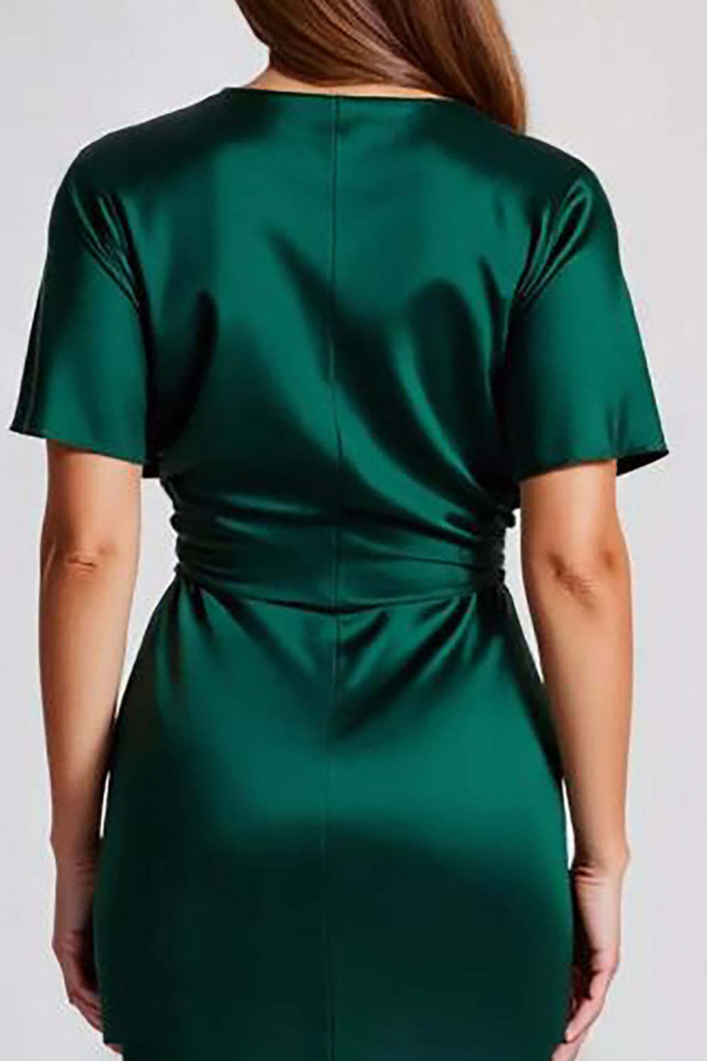Dark Green Formal Dress Satin Short Sleeves V Neck Sheath Long Wedding Guest Dress