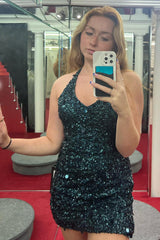 Dark Green Homecoming Dress Halter Open Back Bodycon Prom Dress With Sequin