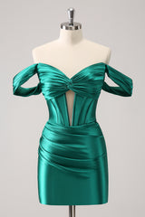 Dark Green Homecoming Dress Off The Shoulder Corset Tight Short Prom Dress