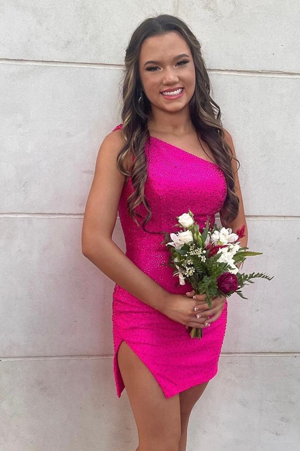 Dark Green Homecoming Dress Sequin One Shoulder Tight Cocktail Party Dresses with Slit