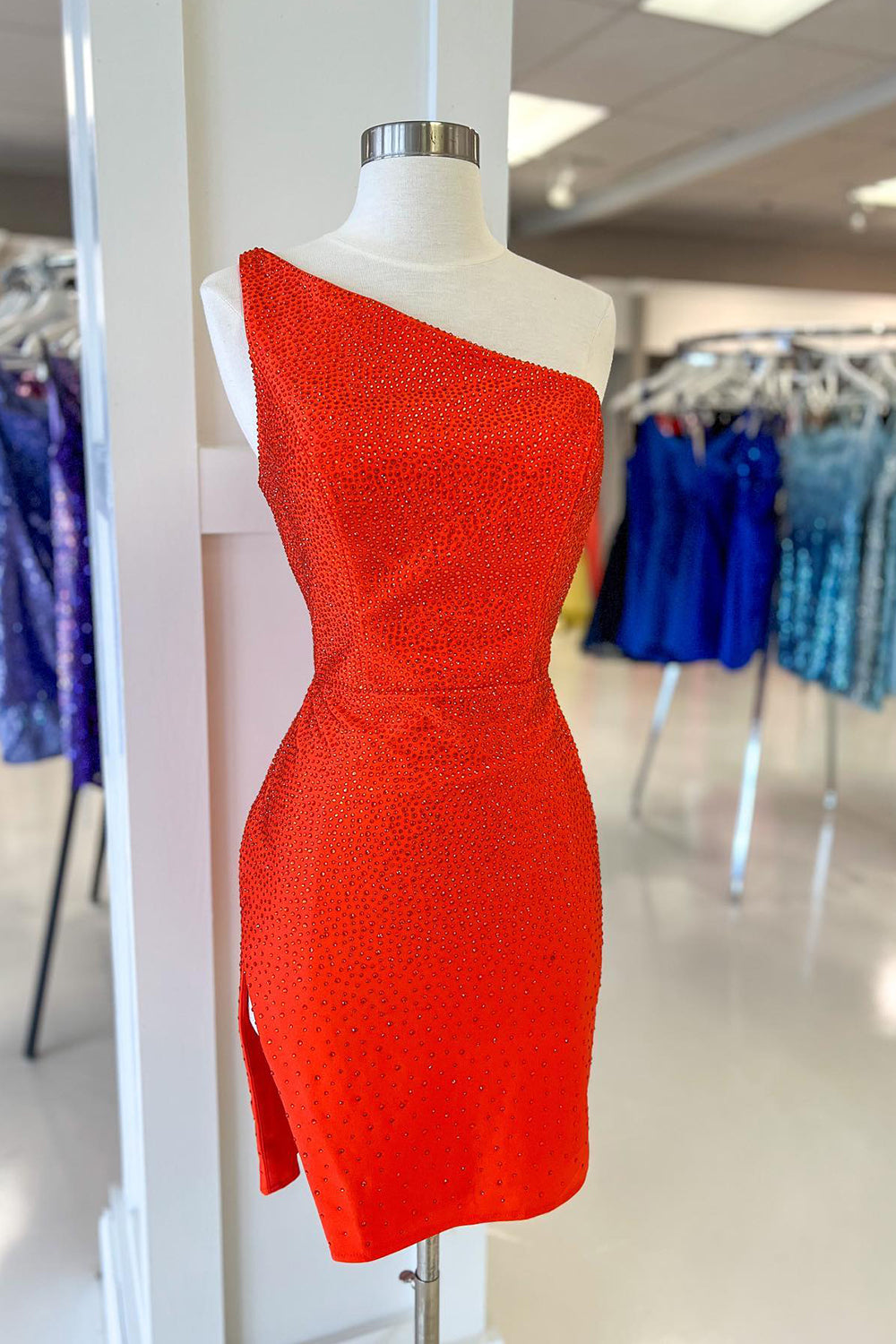 Dark Green Homecoming Dress Sequin One Shoulder Tight Cocktail Party Dresses with Slit