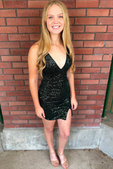 Dark Green Homecoming Dress Sequined Tight Short Prom Dress with Slit
