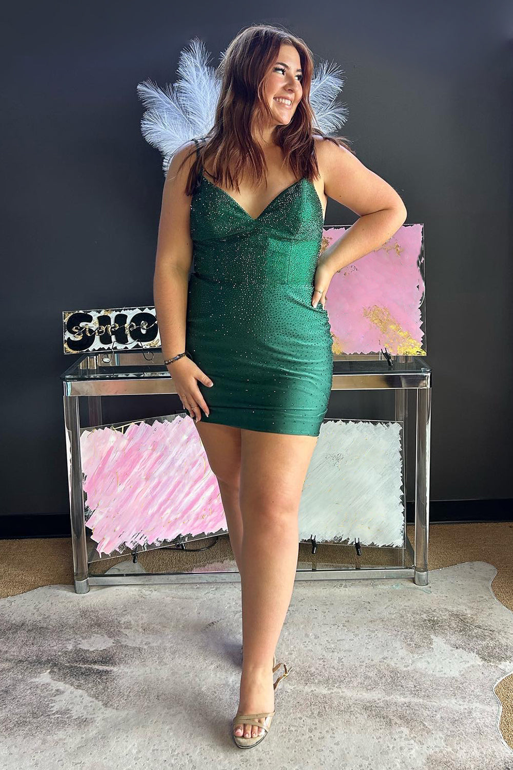 Dark Green Homecoming Dress Spaghetti Straps Beaded Backless Tight Prom Dress