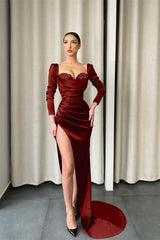 Dark Green Long Sleeve Evening Dress with Sequin Split