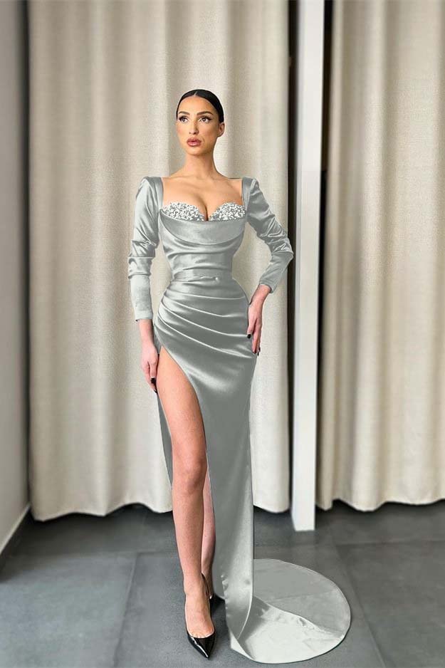 Dark Green Long Sleeve Evening Dress with Sequin Split