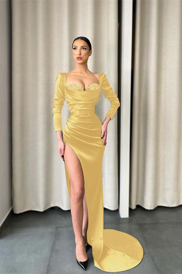 Dark Green Long Sleeve Evening Dress with Sequin Split