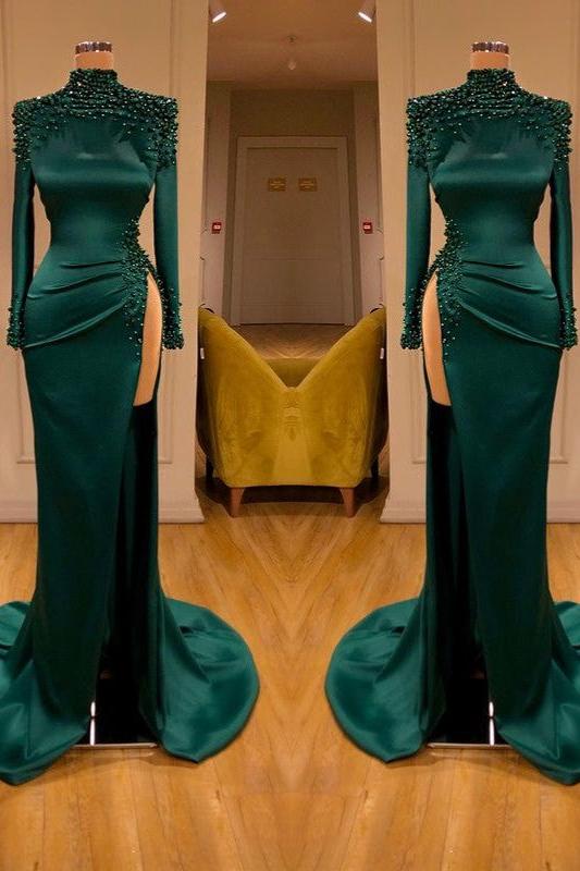 Dark Green Long Sleeve Formal Dress Mermaid Prom Dress With Slit