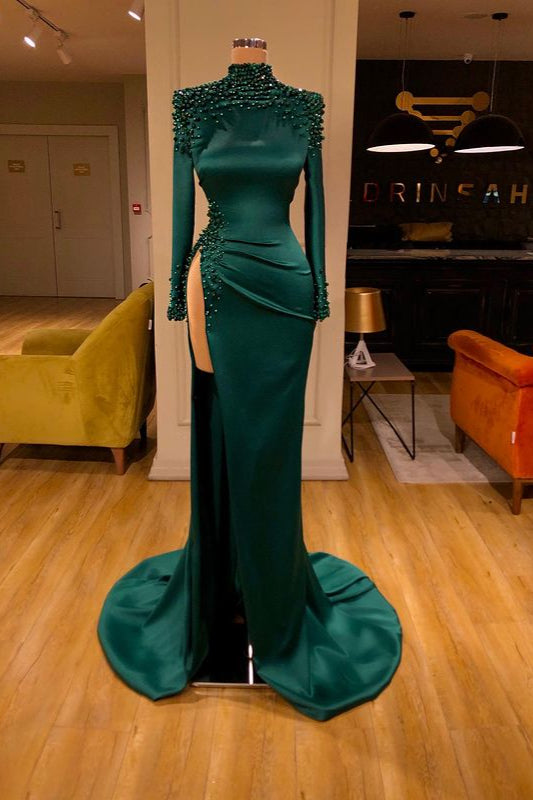Dark Green Long Sleeve Formal Dress Mermaid Prom Dress With Slit
