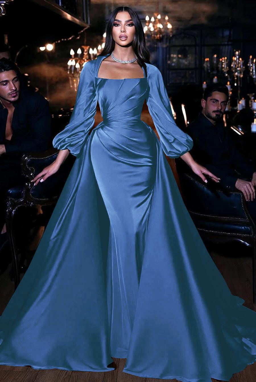 Dark Green Long Sleeves Floor Length Mermaid Prom Dress With Detachable Train