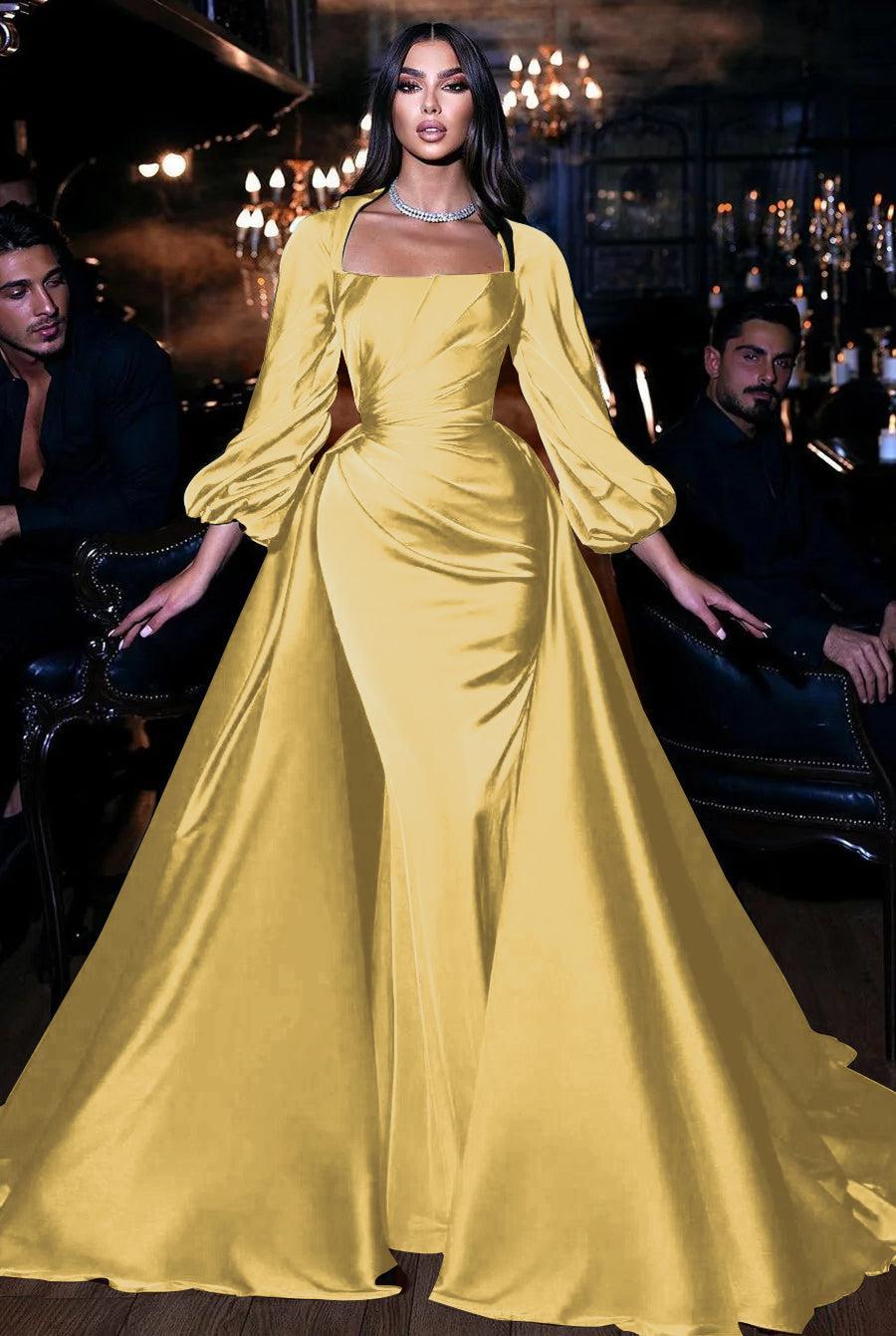 Dark Green Long Sleeves Floor Length Mermaid Prom Dress With Detachable Train