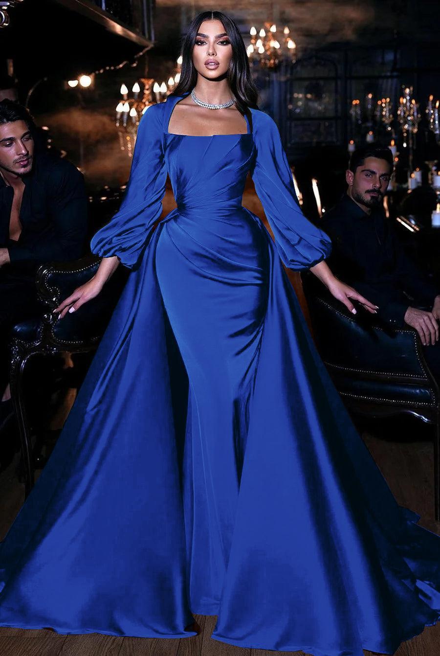 Dark Green Long Sleeves Floor Length Mermaid Prom Dress With Detachable Train