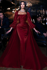 Dark Green Long Sleeves Floor Length Mermaid Prom Dress With Detachable Train
