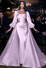 Dark Green Long Sleeves Floor Length Mermaid Prom Dress With Detachable Train