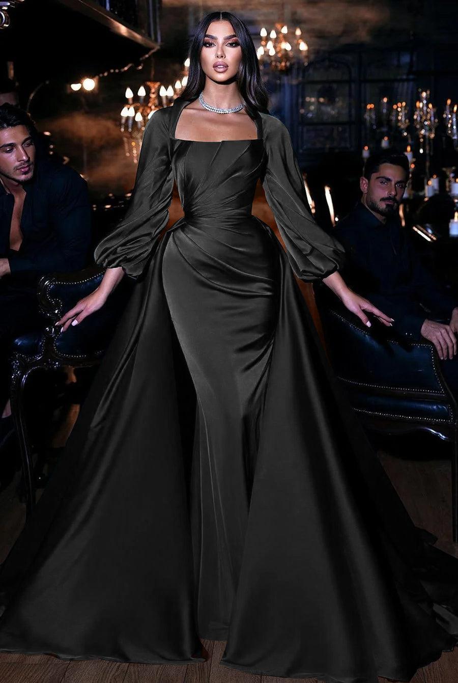 Dark Green Long Sleeves Floor Length Mermaid Prom Dress With Detachable Train