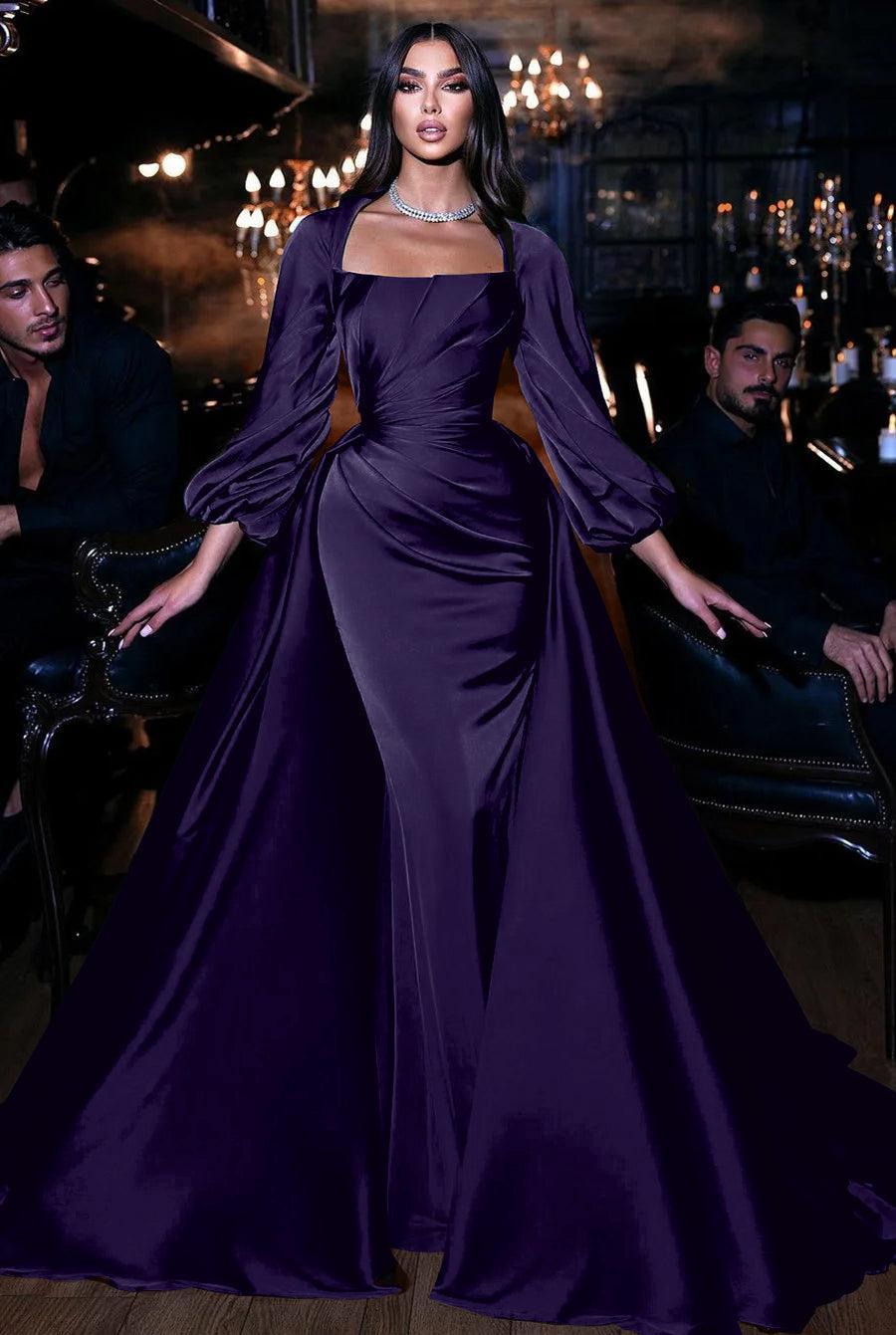 Dark Green Long Sleeves Floor Length Mermaid Prom Dress With Detachable Train