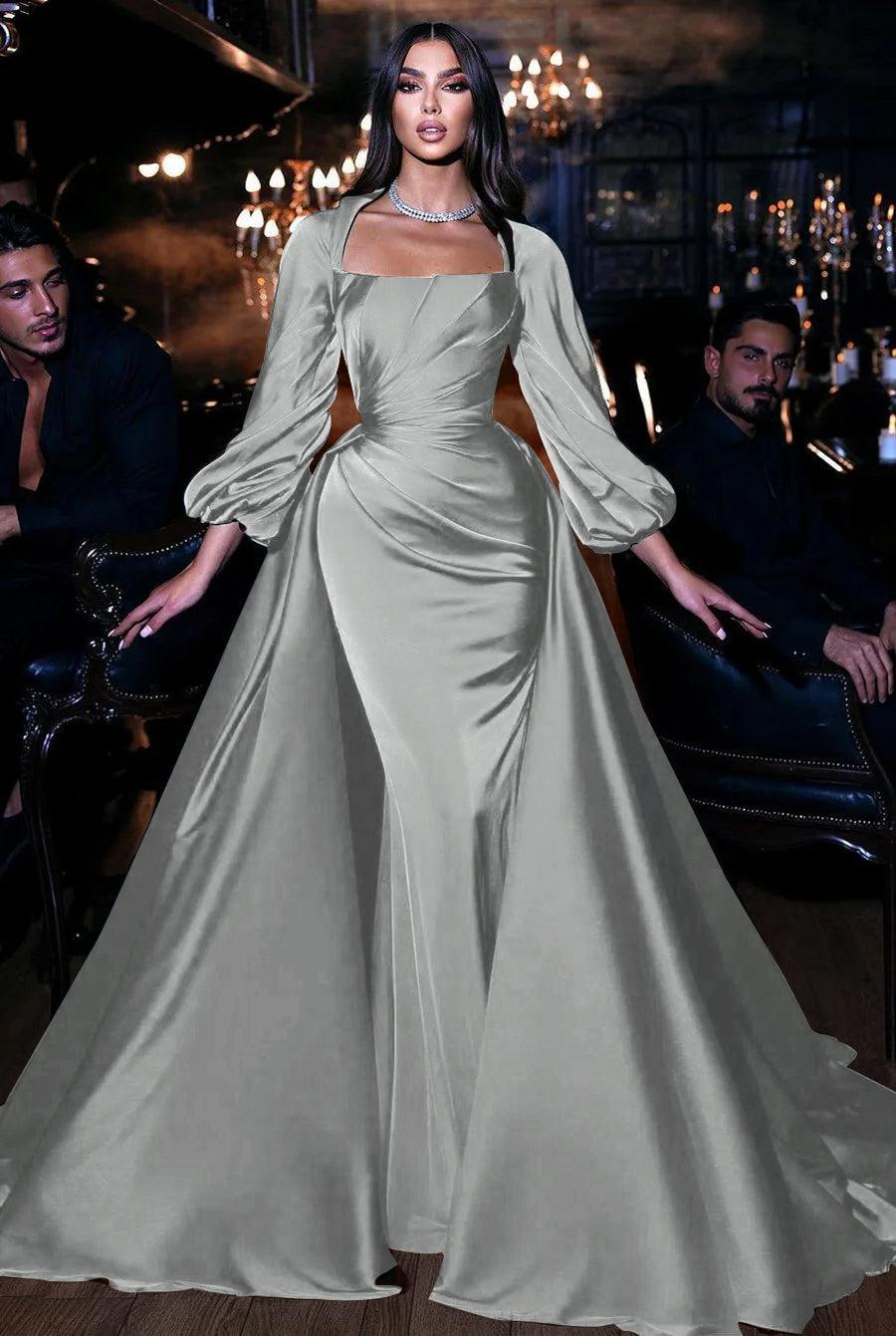 Dark Green Long Sleeves Floor Length Mermaid Prom Dress With Detachable Train