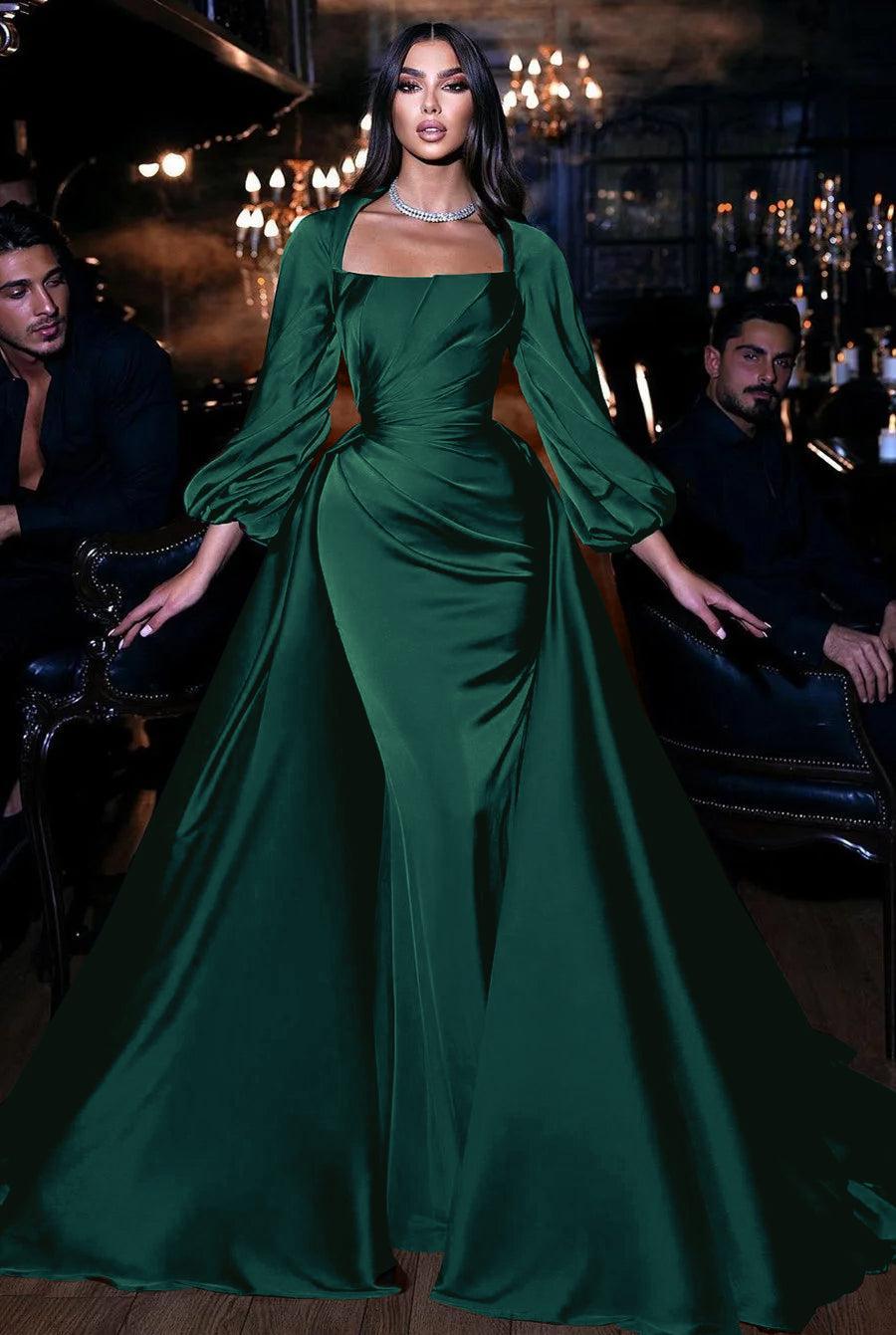 Dark Green Long Sleeves Floor Length Mermaid Prom Dress With Detachable Train