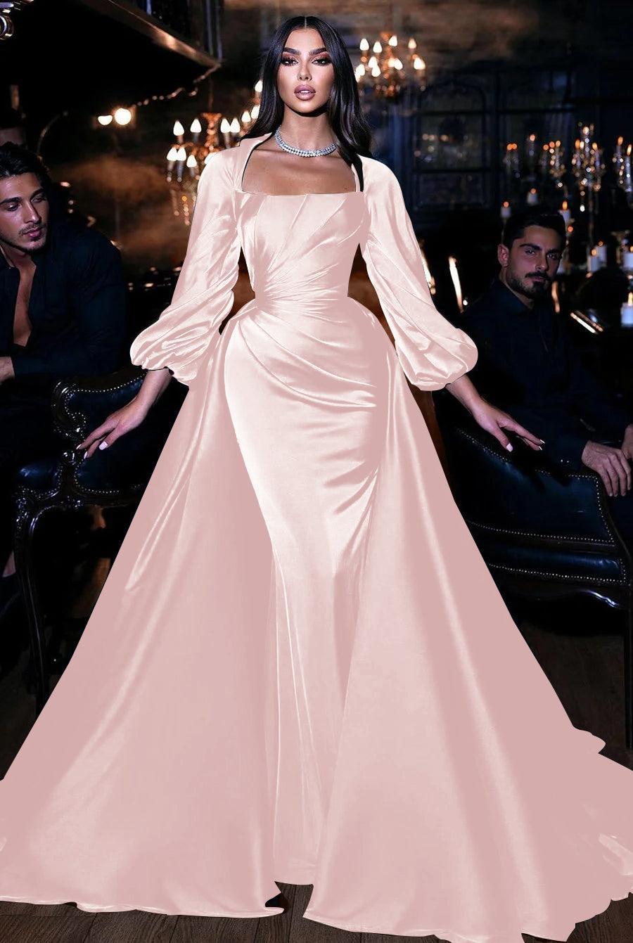 Dark Green Long Sleeves Floor Length Mermaid Prom Dress With Detachable Train