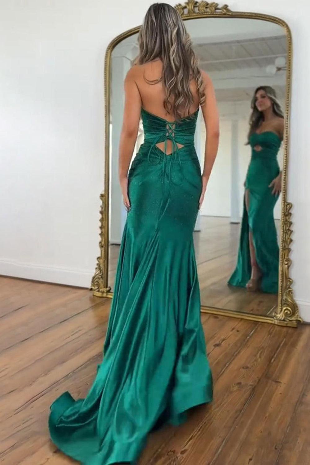 Dark Green Mermaid Prom Dress Beaded Sweetheart Satin Long Formal Dress With Slit