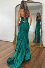 Dark Green Mermaid Prom Dress Beaded Sweetheart Satin Long Formal Dress With Slit