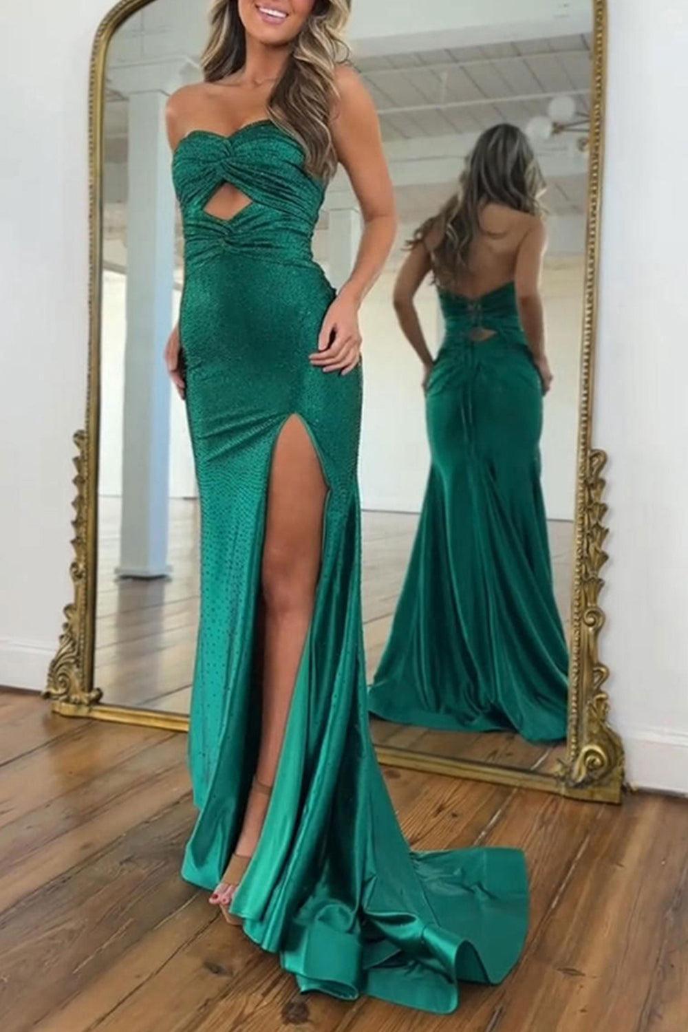Dark Green Mermaid Prom Dress Beaded Sweetheart Satin Long Formal Dress With Slit