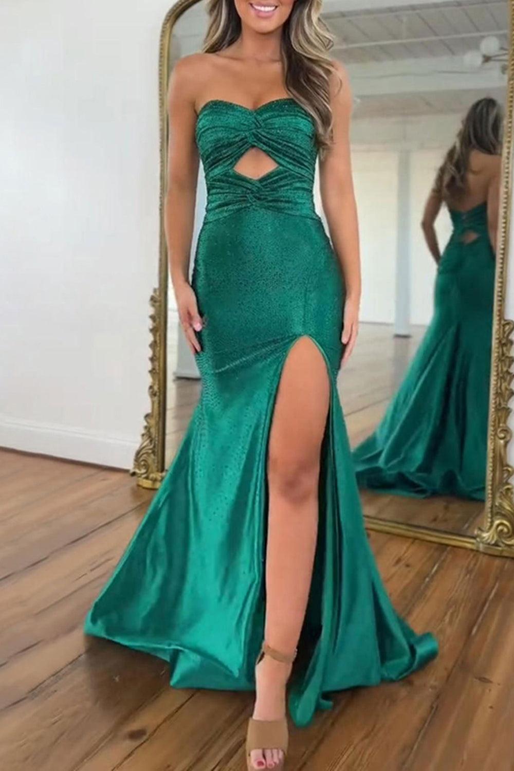 Dark Green Mermaid Prom Dress Beaded Sweetheart Satin Long Formal Dress With Slit
