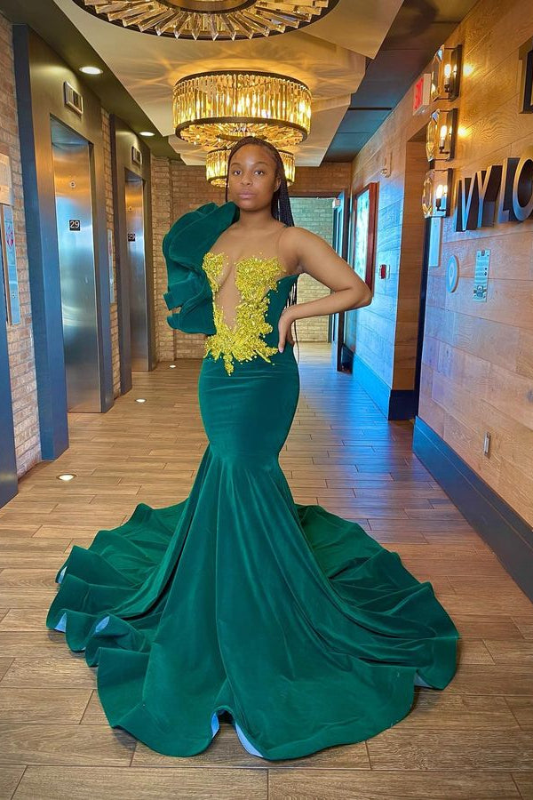 Dark Green One Shoulder Mermaid Evening Dress with Sleeveless Appliques