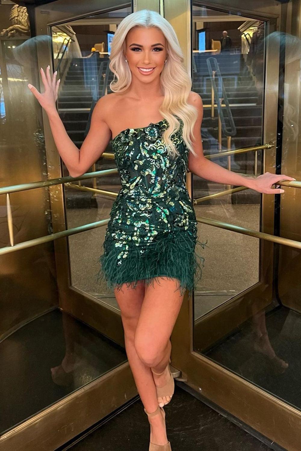 Dreamyannie Dark Green Short Homecoming Dress One Shoulder Sequined Party Dress with Feathers Dreamyannie Dark Green Short Homecoming Dress One Shoulder Sequined Party Dress with Feathers