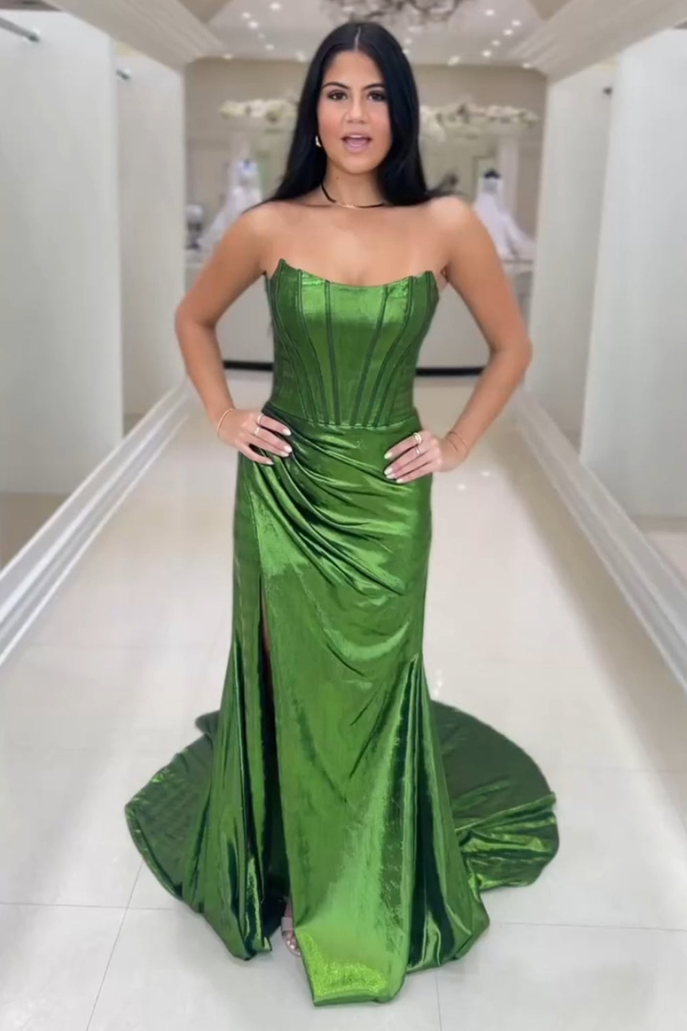 Dark Green Prom Dress Corset Metallic Long Formal Dress With Slit