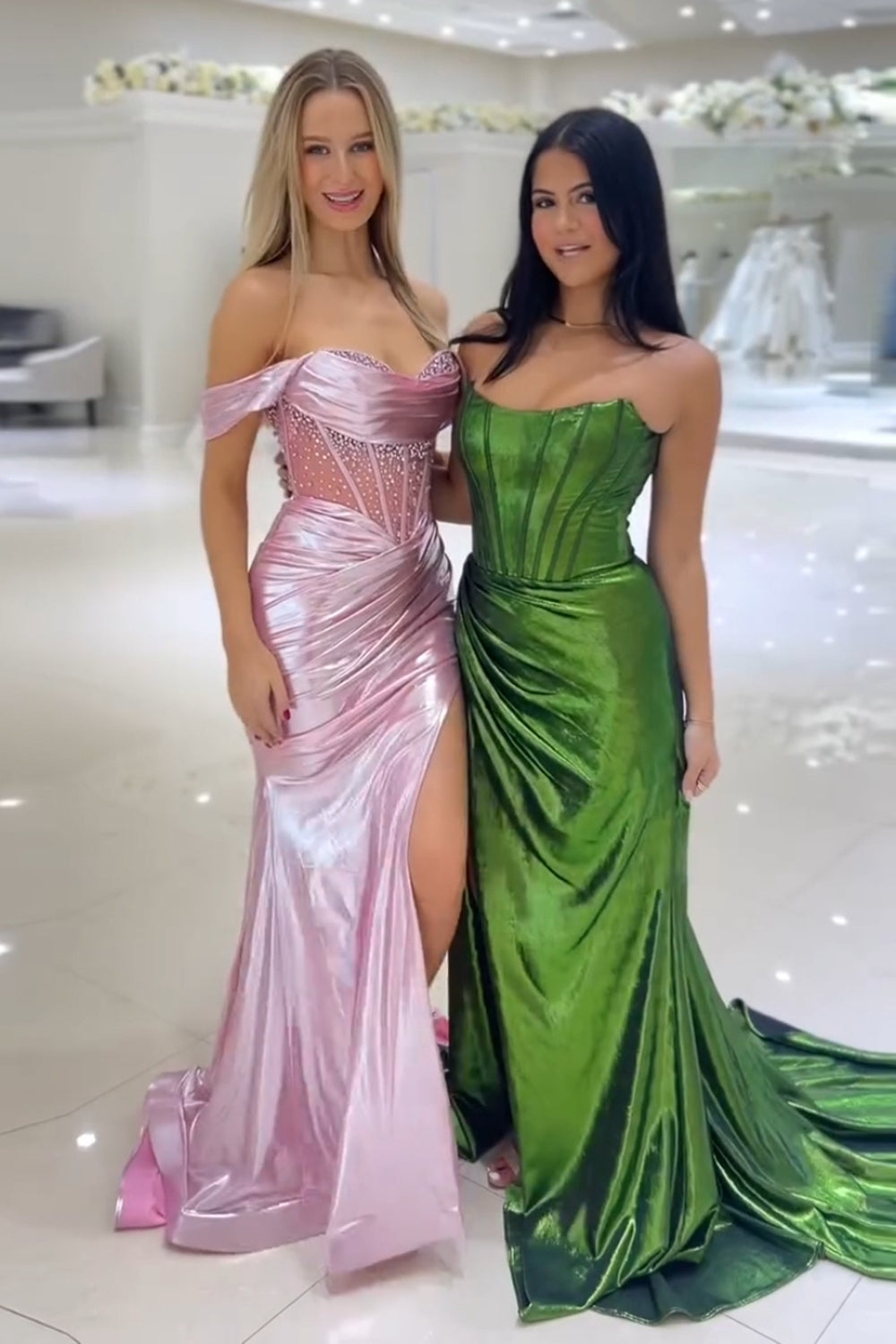Dark Green Prom Dress Corset Metallic Long Formal Dress With Slit