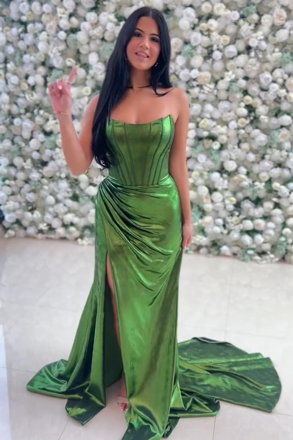 Dark Green Prom Dress Corset Metallic Long Formal Dress With Slit