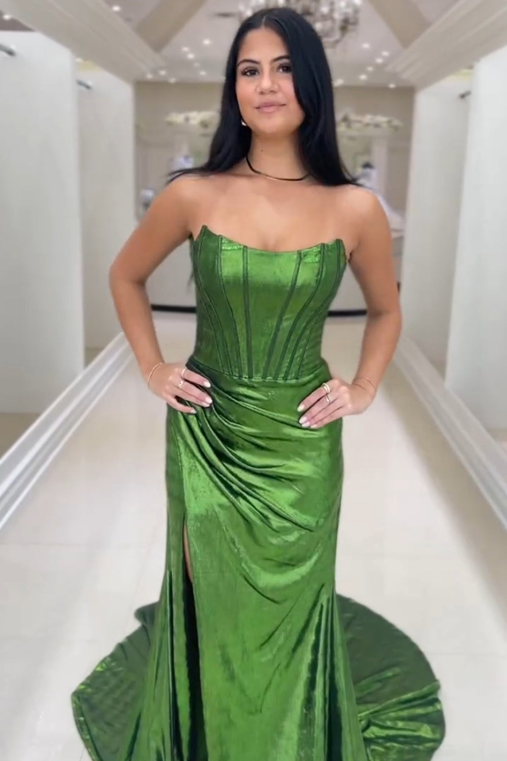 Dark Green Prom Dress Corset Metallic Long Formal Dress With Slit