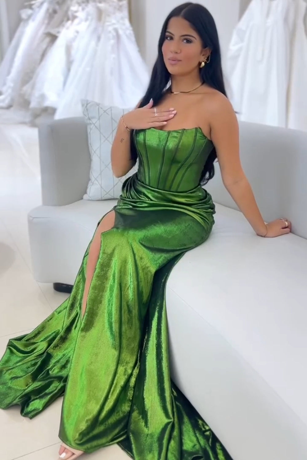 Dark Green Prom Dress Corset Metallic Long Formal Dress With Slit