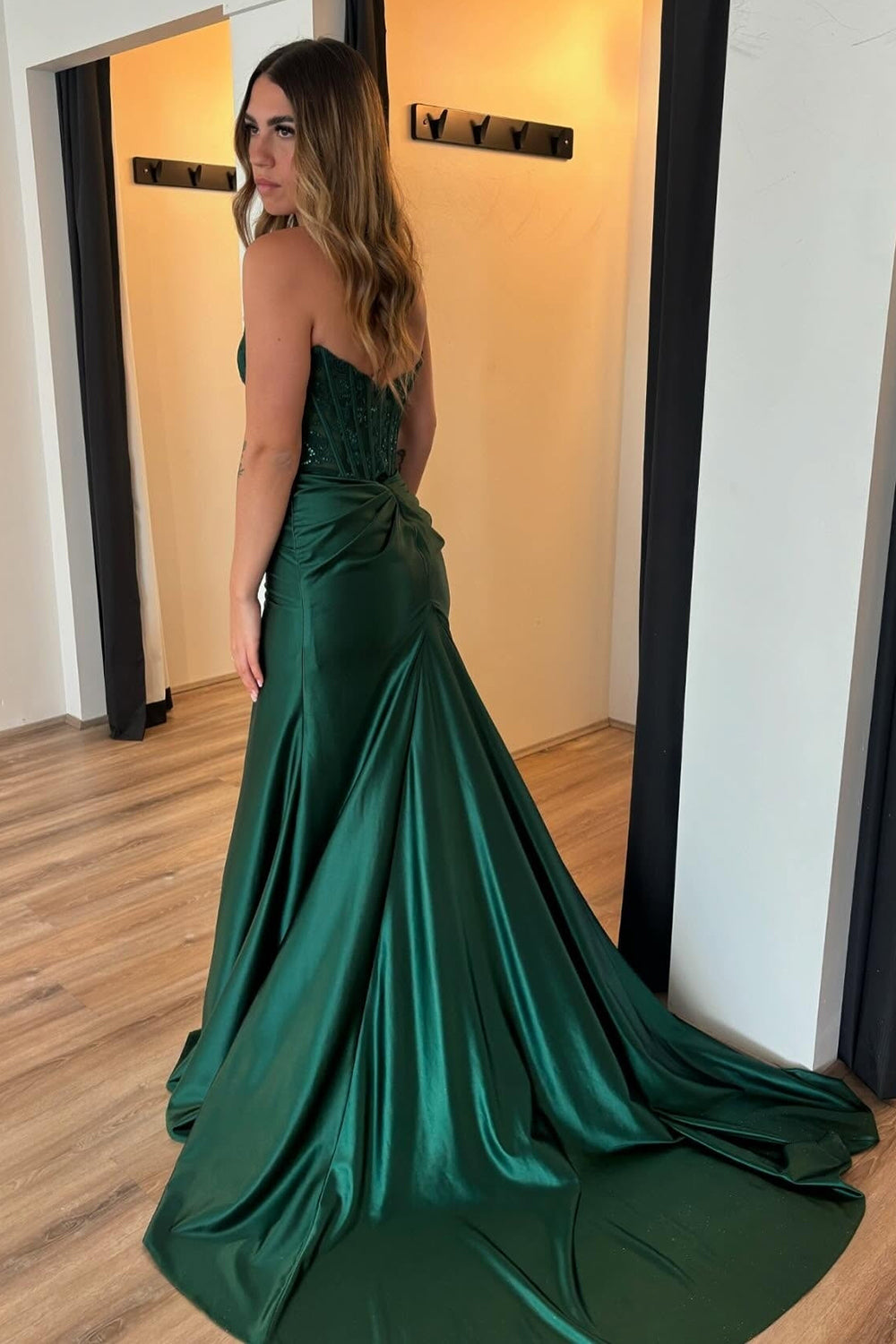 Dark Green Prom Dress Corset Strapless Long Formal Dress With Slit