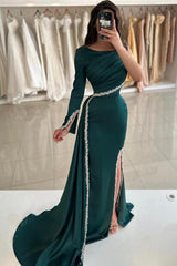 Dark Green Prom Dress Mermaid Crew One Shoulder Sleeve Beaded Panel Train Satin Slit Formal Dress With Rhinestone
