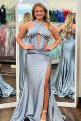 Dark Green Prom Dress Mermaid Ruche Halter Long Formal Dress With Slit