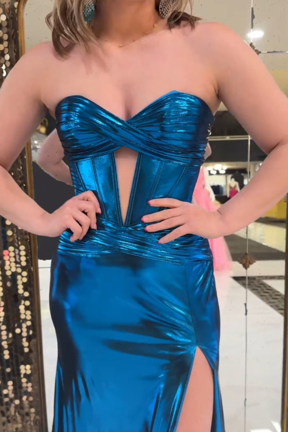 Dark Green Prom Dress Mermaid Ruche Metallic Long Formal Dress With Slit