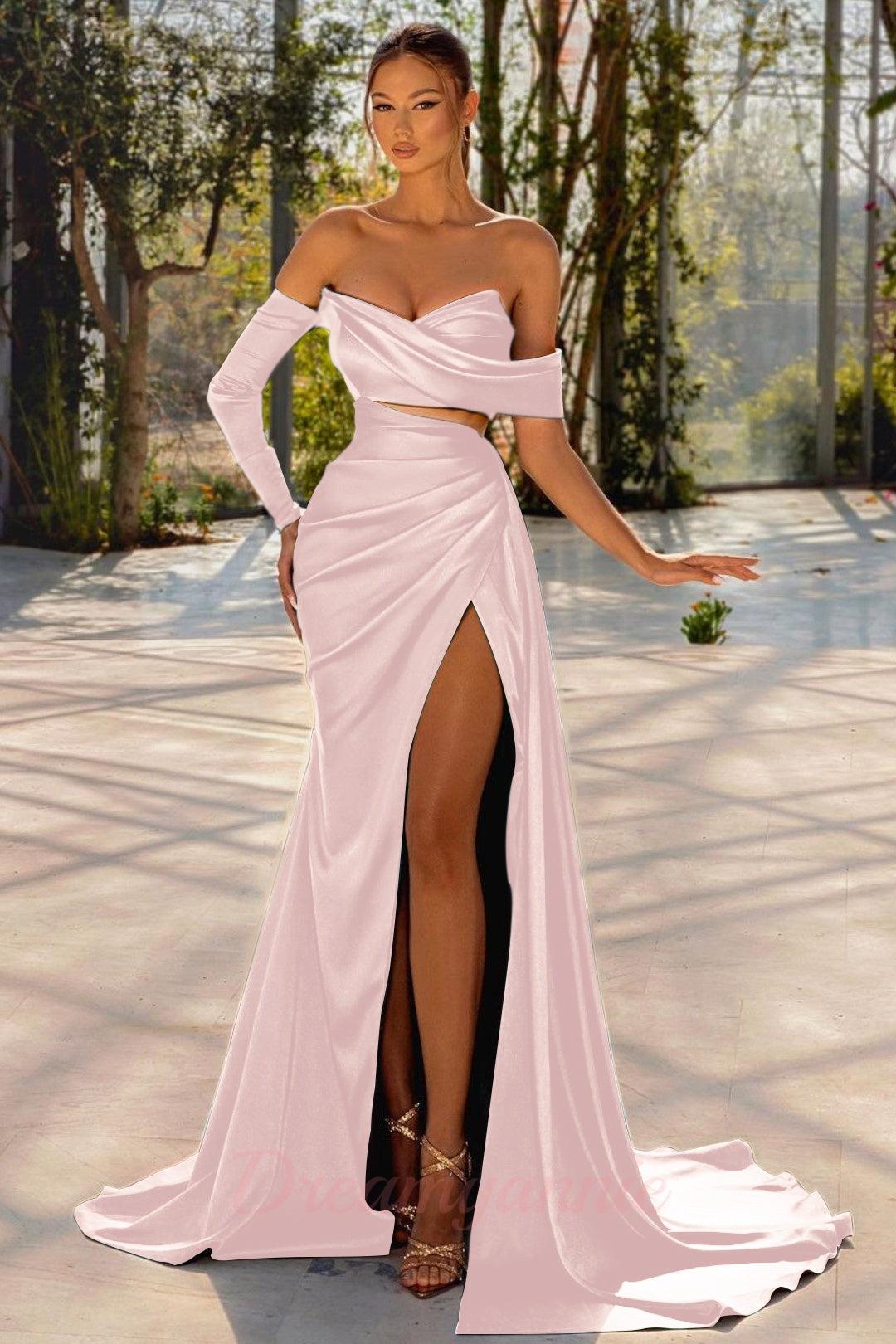 Dark Green Sheath/Column Off the Shoulder Long Sleeves Long Prom Dresses