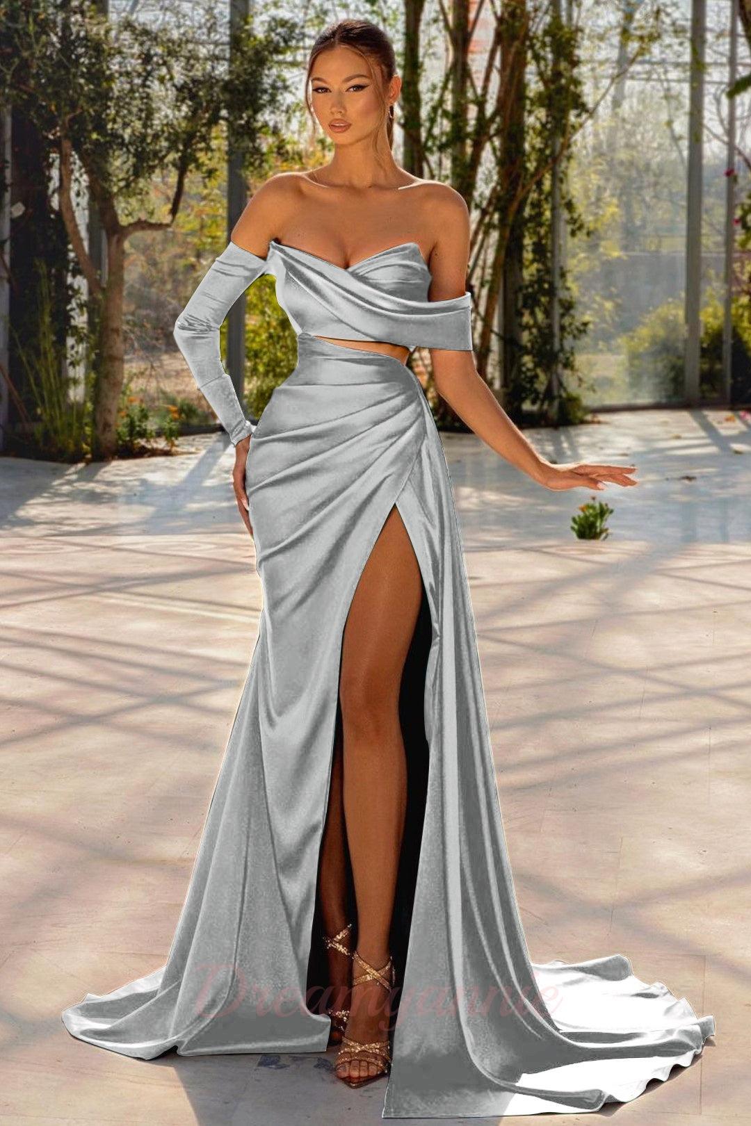 Dark Green Sheath/Column Off the Shoulder Long Sleeves Long Prom Dresses