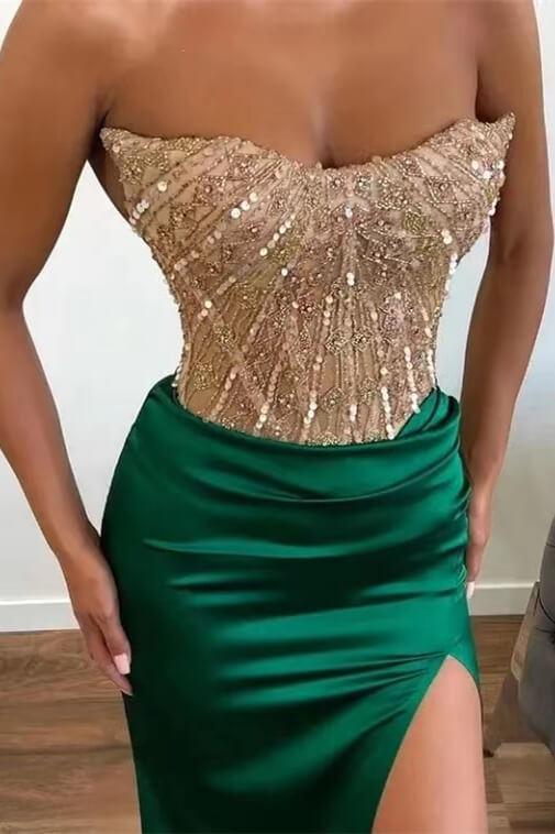 Dark Green Strapless Prom Dress Sequined Mermaid Sleeveless Formal Dress With Slit